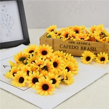 100 Pcs Yellow Artificial Flower Heads Mini Fake Sunflower Fabric Craft Decor