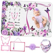 6 Pcs Baby Monthly Milestone Blanket for Girl 60" x 40" Floral Pattern Purple