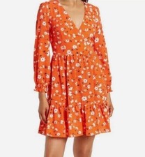 ELIZA J V-Neck Long Sleeve Fit & Flare Dress Floral Orange Pockets 6