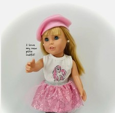 18" doll Unicorn Shirt, Pink Skirt & Pink Beret