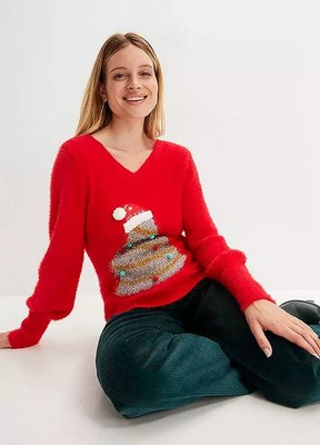FREEMANS Roter Weihnachtsbaum Design Christmas Pullover Strickjacke UK 10/12