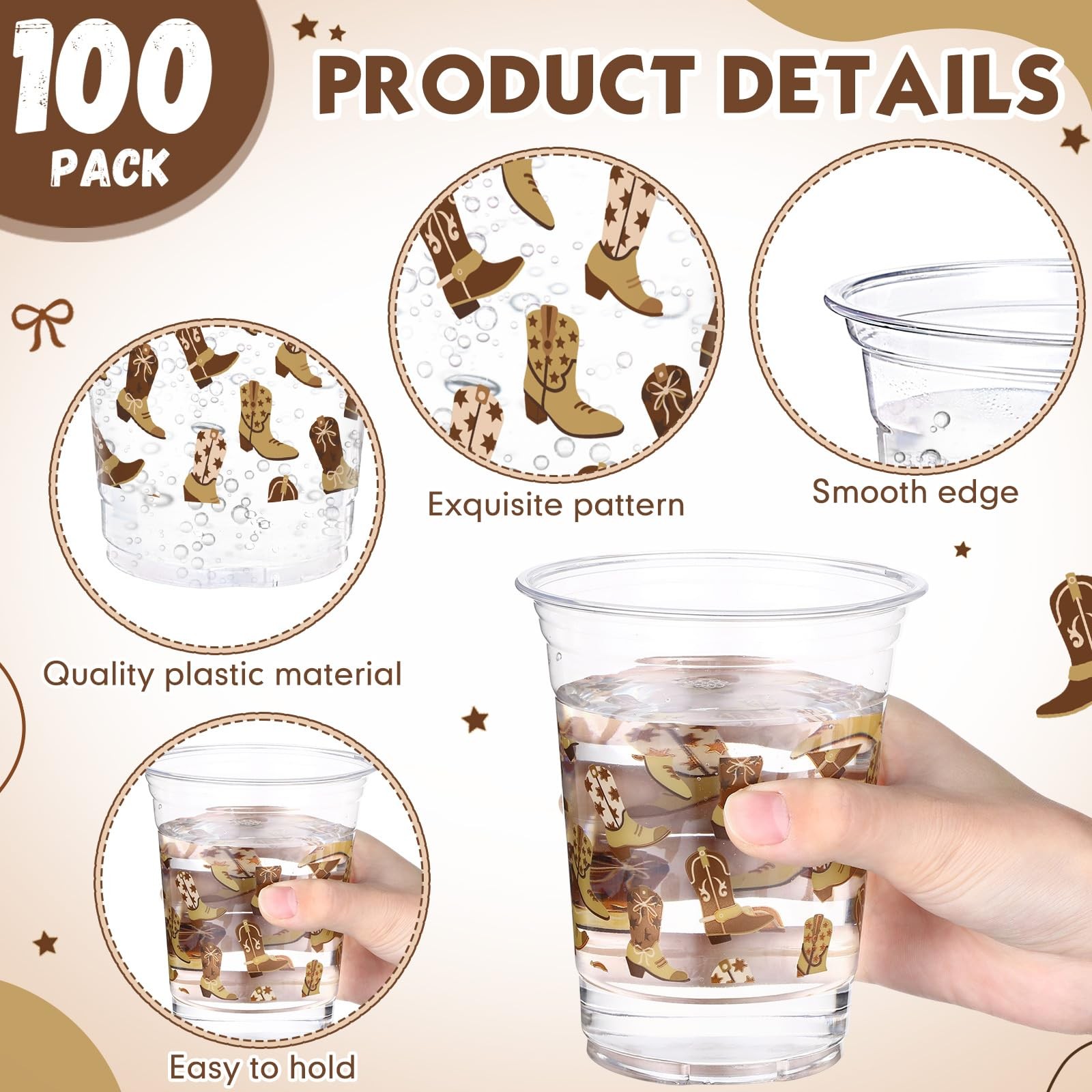 100 Pcs Western Cowboy Plastic Cups 16 oz Brown Cowboy Boot Drinking Cups for...