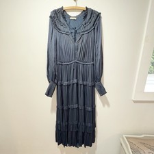 Ulla Johnson Serena Dress Size 12 Midnight Blue Satin Plisse Bishop Sleeves