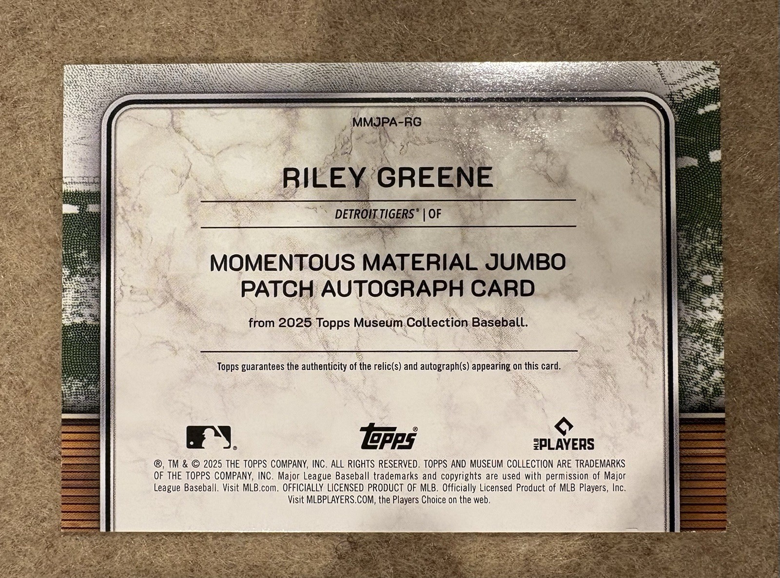 Tigers Riley Greene #/10 Auto Patch Jersey 2025 Momentous Materials Topps view 3