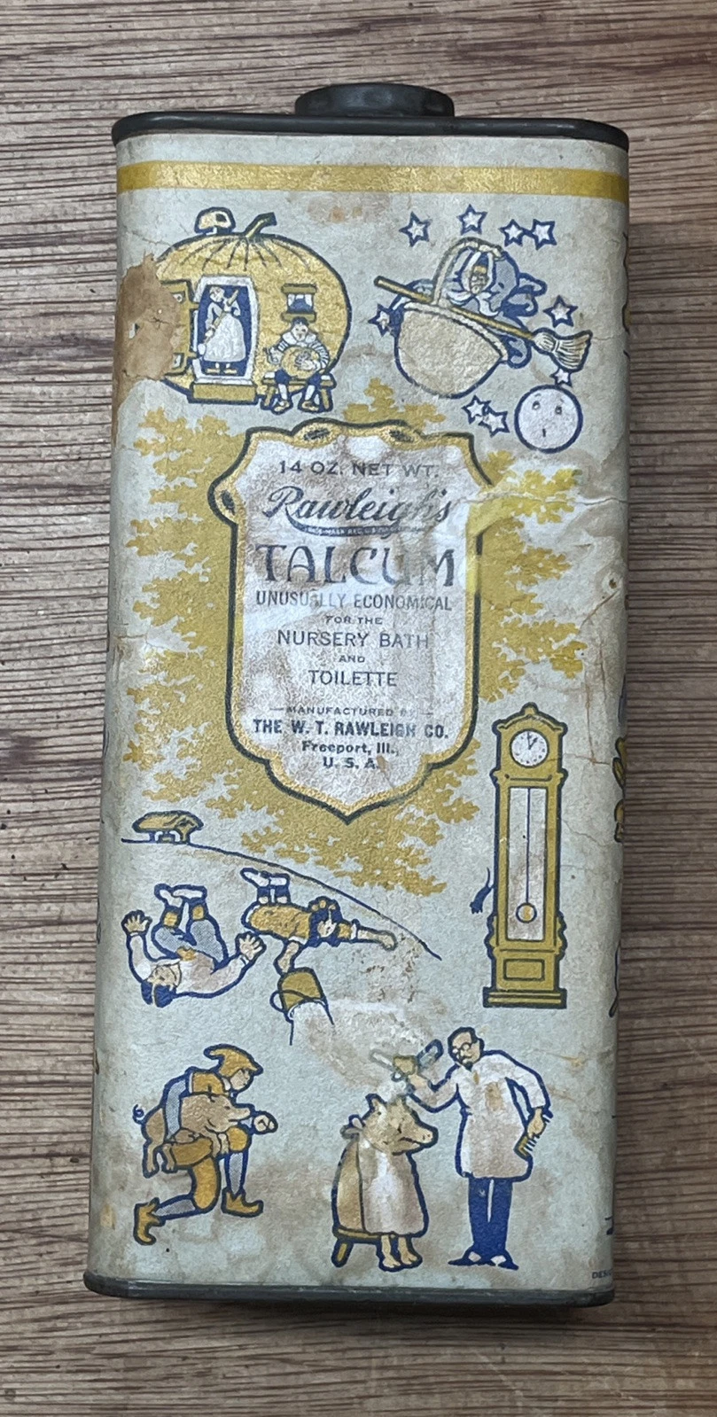 RAWLEIGH'S TALCUM POWDER TIN NURSERY BATH TIN -Color Litho Illustrations VTG