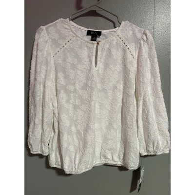 BCX Ivory Textured Lace Blouse Keyhole Neck Long Sleeve Top Medium NWT