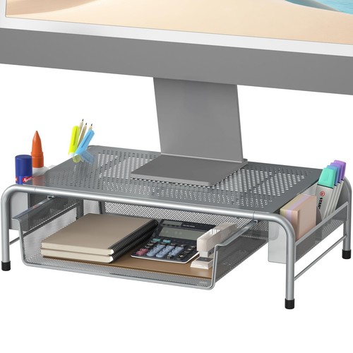 Metal Desk Monitor Stand Riser with Organizer Drawer, Silver ...