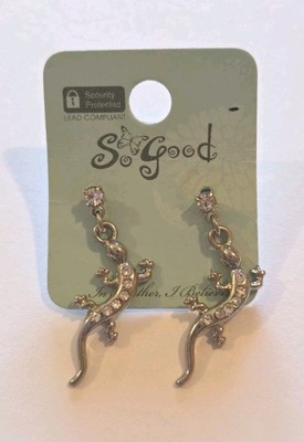 Vintage So Good Silver-Tone & CZ Rhinestone Salamander Drop Earrings - NWT
