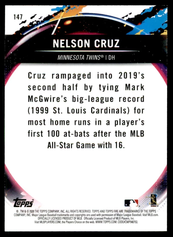2020 Topps Fire Nelson Cruz Minnesota Twins #147 - Image 2 of 2