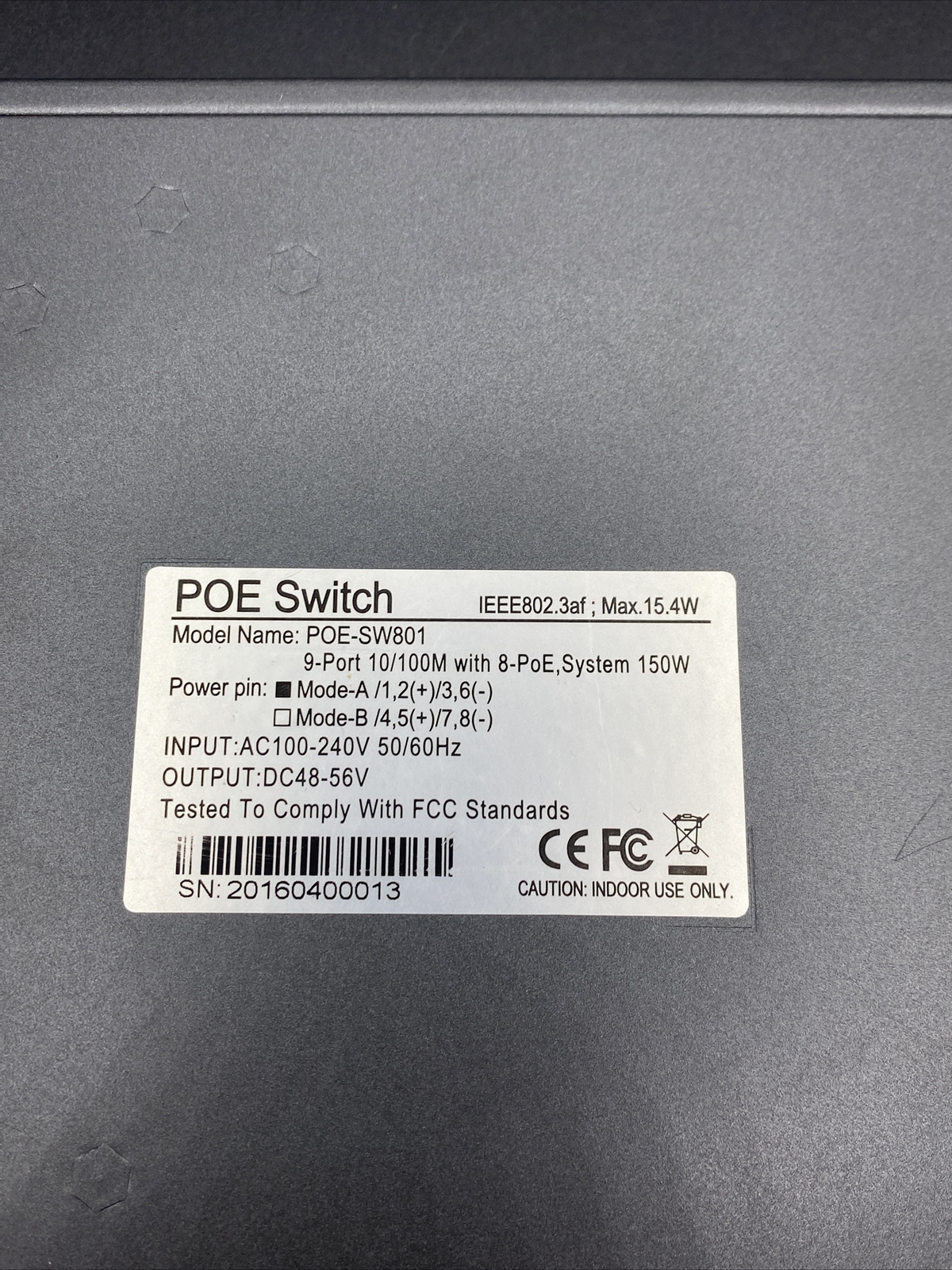 Genuine BV-Tech POE-SW801 8-Port PoE+ Unmanaged Switch Tested Working w PWR CORD