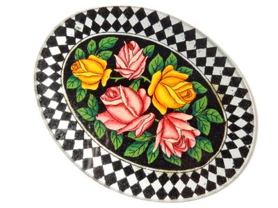 Vintage Czech reverse painted rose bouquet crystal glass cabochon element 52mm
