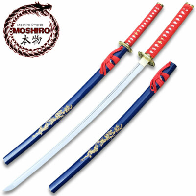 MOSHIRO 41in Handmade Katana Sword 1045 Steel Dragon Engraved Scabbard Blue