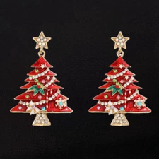 Red Enamel Crystal Rhinestone Winter Christmas Tree Stud Earrings