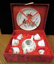 VTG CHINESE MINIATURE TEA SET WITH PANDA BEAR DESIGN 9 PC IN RED SILK BOX