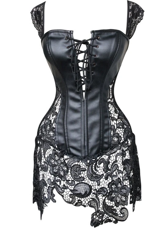 SEXY CORSE CORSET BUSTIER TIRANTES MINI VESTIDO NEGRO CUERO SIMILI CROCHET 8497 - Imagen 2 de 4