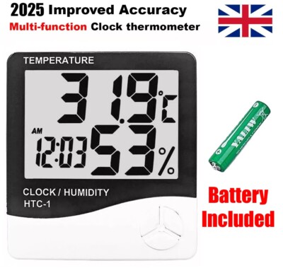 Digital Thermometer Hygrometer Uhr Luftfeuchtigkeit Temperatur Messgerät Raum Innen LCD