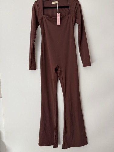 QINSEN Jumpsuits for Women Square Neck Wide Leg Full Length Romper Playsuit Sz L
