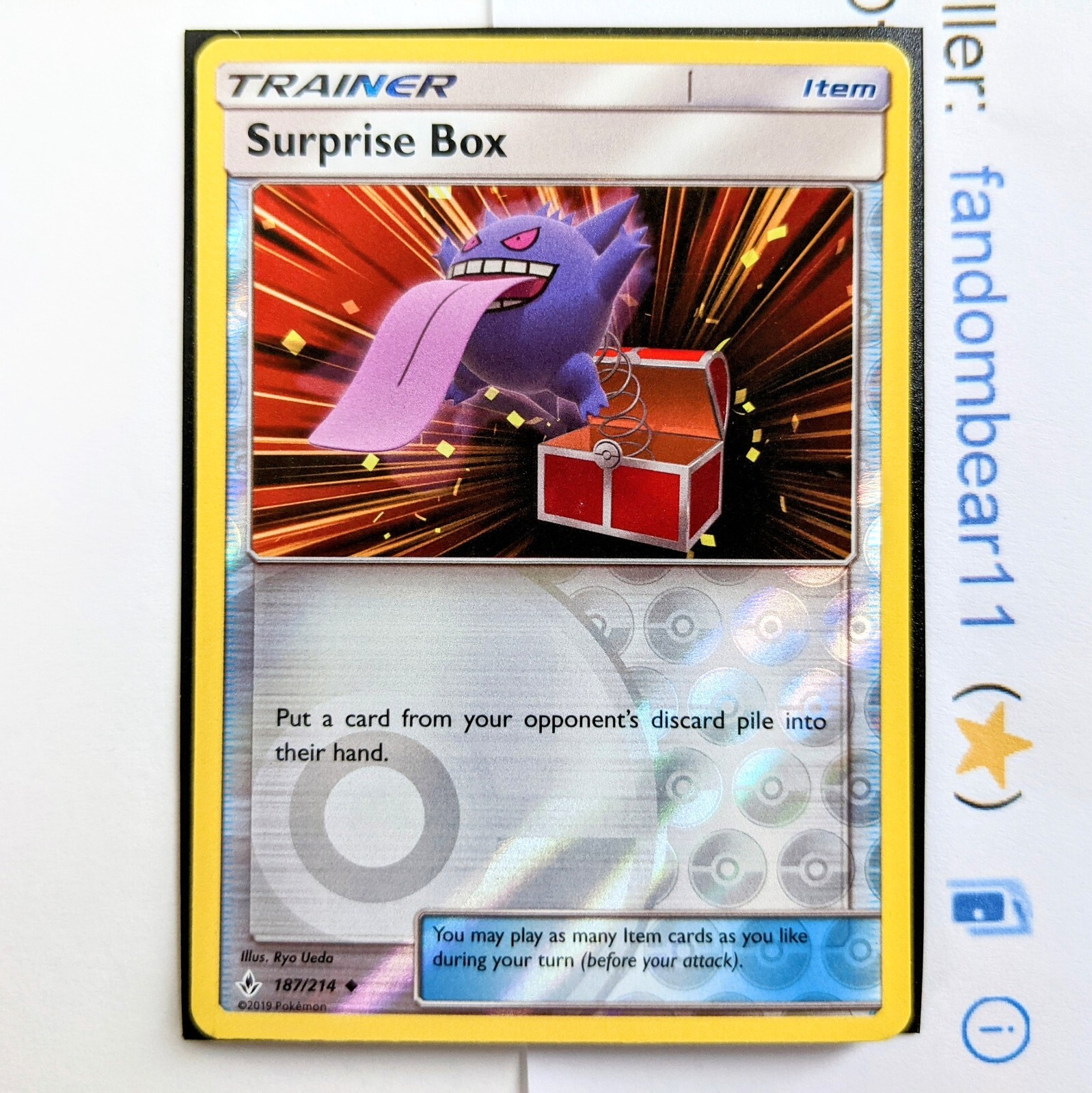 Gengar Surprise Box REVERSE HOLO card 187/214 SM Unbroken Bonds 2019 Pokemon TCG