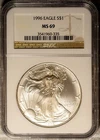 Key Date 1996 $1 Silver American Eagle MS 69 NGC # 3541960-335 + Bonus