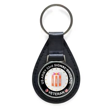 US Army 53rd Signal Brigade Veteran Black Leather Keychain Silver Keyring