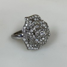 Flower Ring Silver Tone Clear Rhinestone Size 7.5 Floral Jewelry