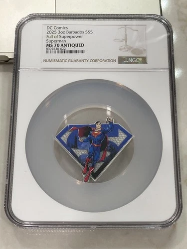 2025 Barbados 3 Ounce Silver $5 Superman Shaped High Relief Colorized - NGC MS70
