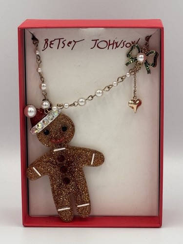 New BETSEY Johnson Gingerbread Man Glitter Holiday Pendant Rhinestone Necklace - 第 1/11 張圖片