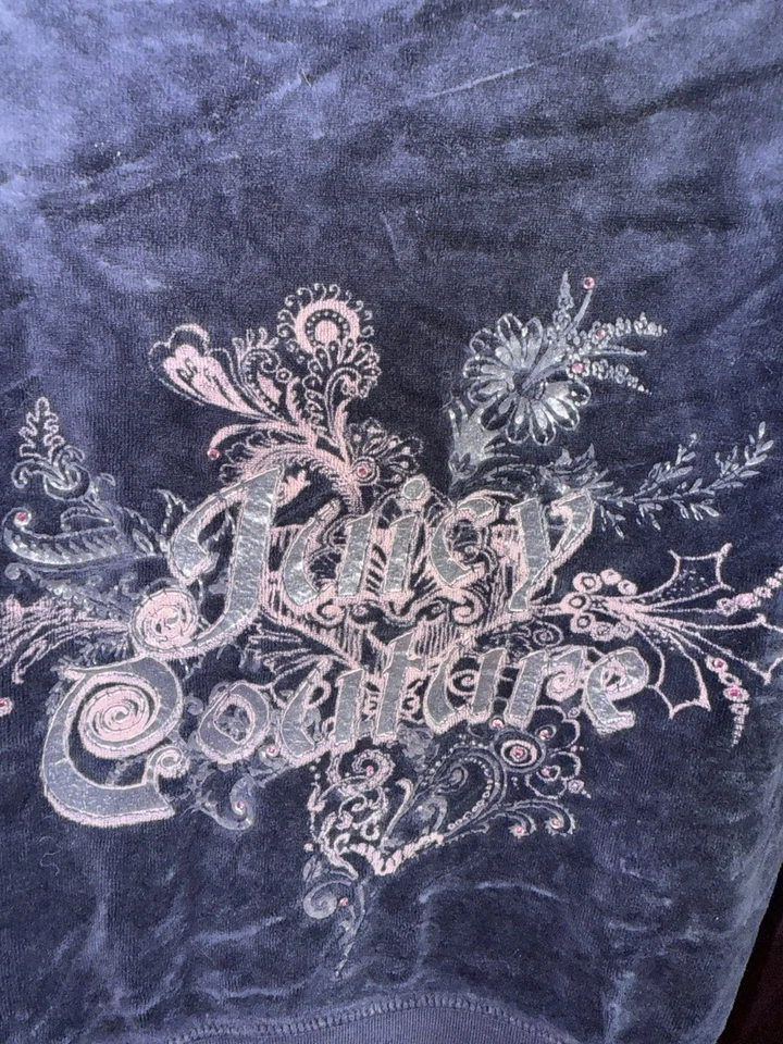 Juicy Couture Cremallera Vintage Azul Marino Con Gráfico Rosa Y Estrás Terciopelo Talla S Foto 3 de 4