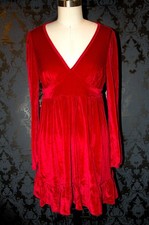 Ruby Red Velvet Dress Empire Waist Fit & Flare Long Sleeve Ruffled Hem V-Neck