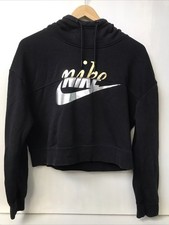 Nike Womens Black Metallic Gold Silver Logo Cropped Hoodie Sweatshirt Size XS