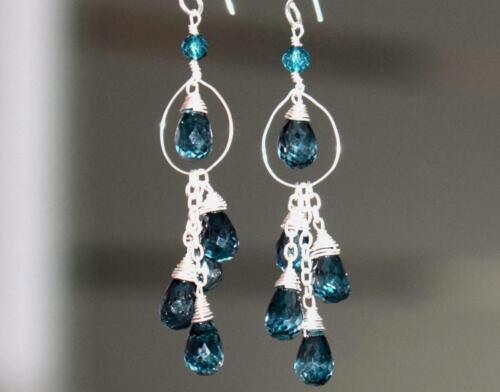 SOLID 925 STERLING SILVER EARRINGS - NATURAL LONDON BLUE TOPAZ 2 1/4" #D3268 - Picture 1 of 4