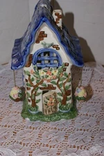 GIFT LINK INC.LARGE VILLA W/ hanging baskets BLUE TEALIGHT COTTAGE 9"X4"X5"