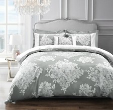 Image of Luxury Grey Silver Jacquard Duvet Cover Bedding Set with Pillowcase & Accesories