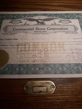 Continental Stove Corporation Stock Certificate Ironton Ohio 1930