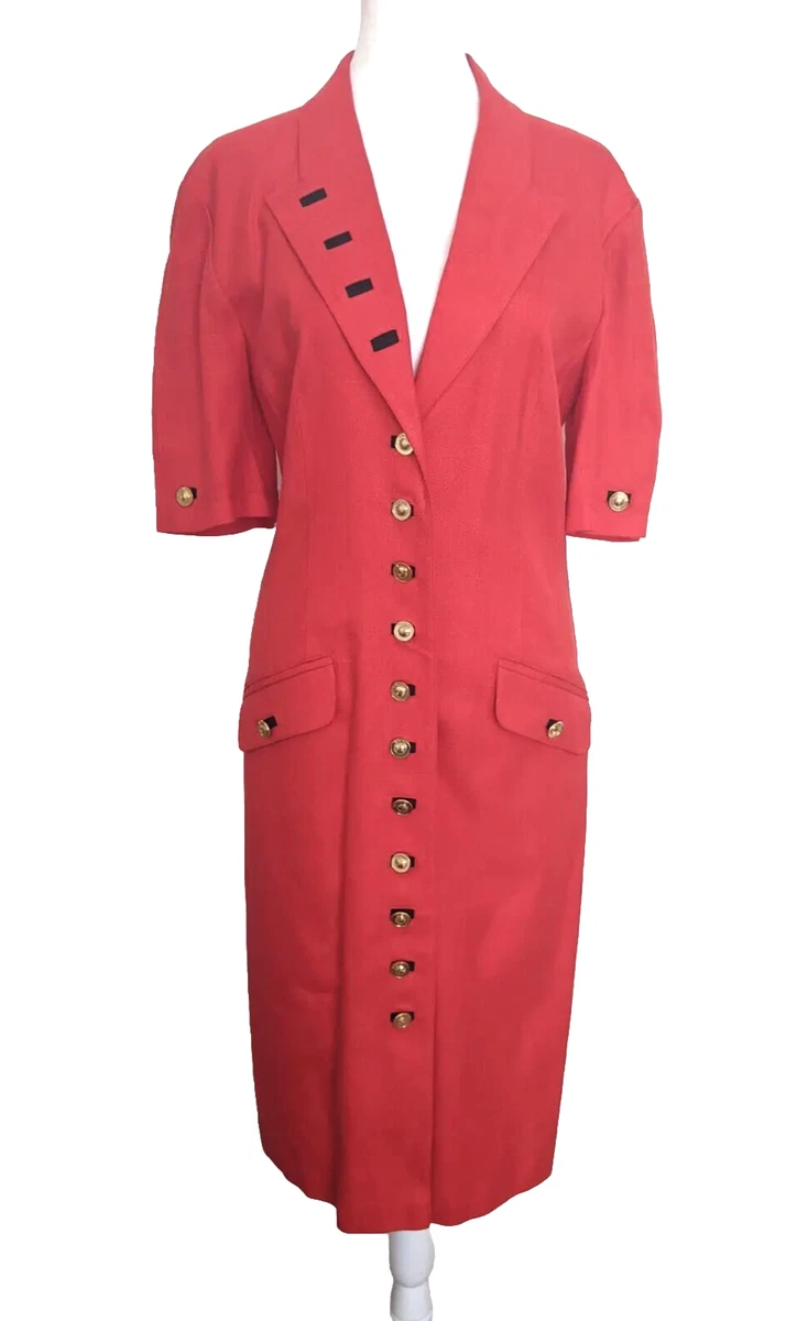 Vintage Louis Feraud Red Midi Coat Dress Gold Buttons Short