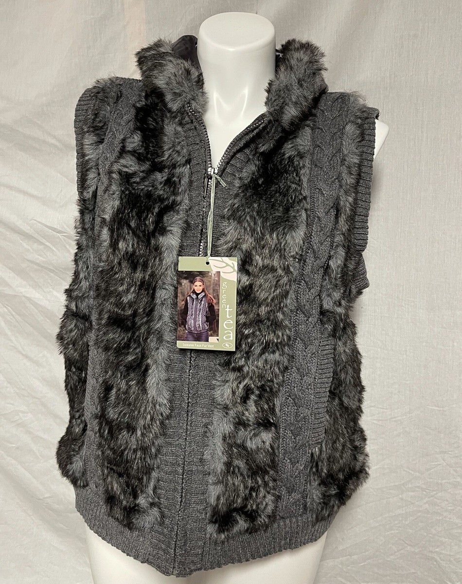 トップス USED E-ZCRUZ VEST HOOD/NVY/XL/MADEINUSA GREEN TEA Hooded Sweater Faux Fur Vest Grey Cable Knit Pockets