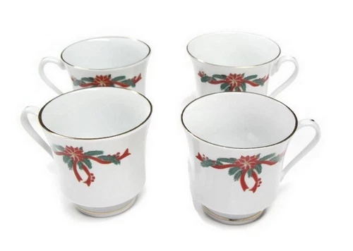 Vintage Tienshan Poinsettia Ribbons Coffee Mugs Tea Cups Gold Rim Set of 4