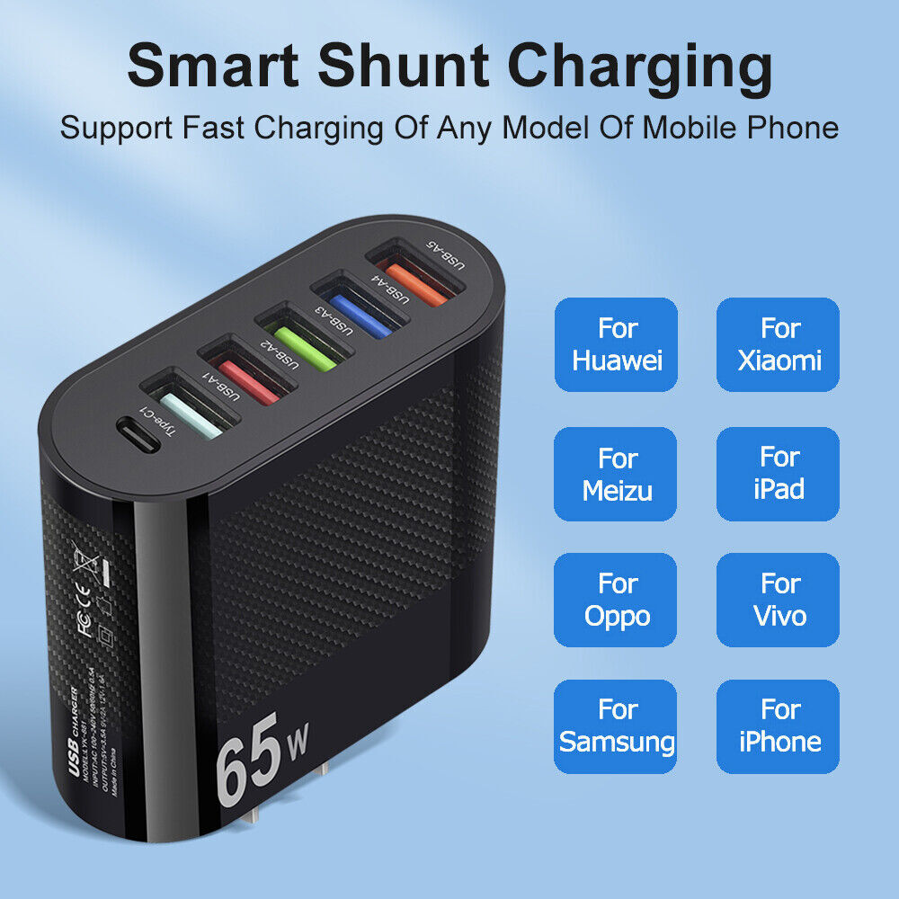 6-Port USB Fast Charging Hub with AC Power Adapter US Plug for Travel  