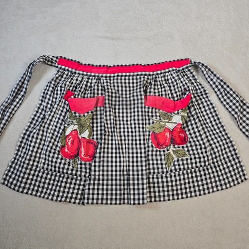 Vintage Half Apron Womens Black Gingham Waist Tie Housewife Kitchen Apple Pocket - Picture 2 of 10