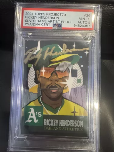 2021 Topps Project70 Artist Proof Silver Frame Rickey Henderson Auto /51 PSA 9/9