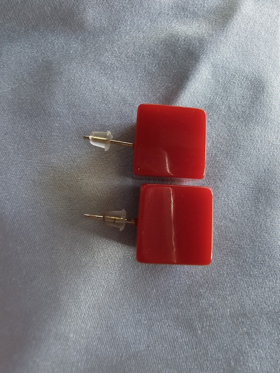 Vintage Red Plastic Lucite Square Cube Postback Earrings View 3
