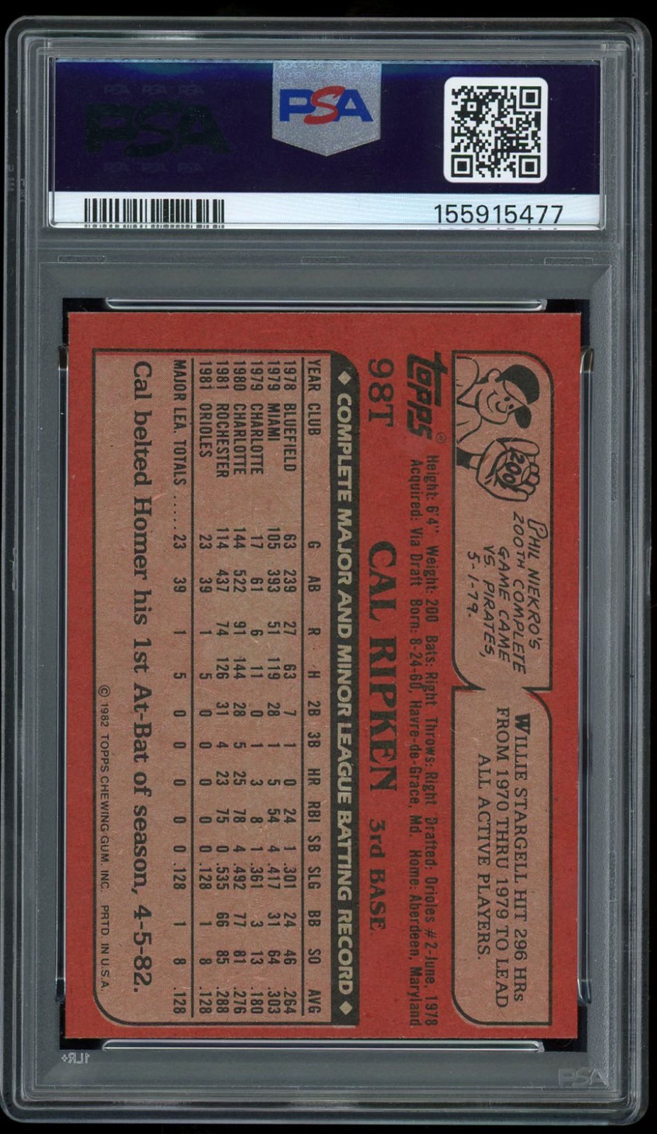 Cal Ripken Jr 1982 Topps Traded Rookie RC 98T PSA 8 NM-MINT view 2
