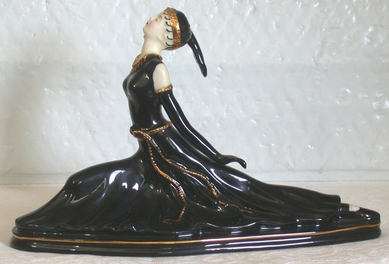 Art Deco Ballerina Figurine 9" Dancer Black Porcelain 24K Gold Accents Ballet