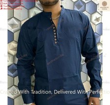 Mens Kurta Fancy Color Blue Cotton Dress Mens Shirt Plain Top Tonic