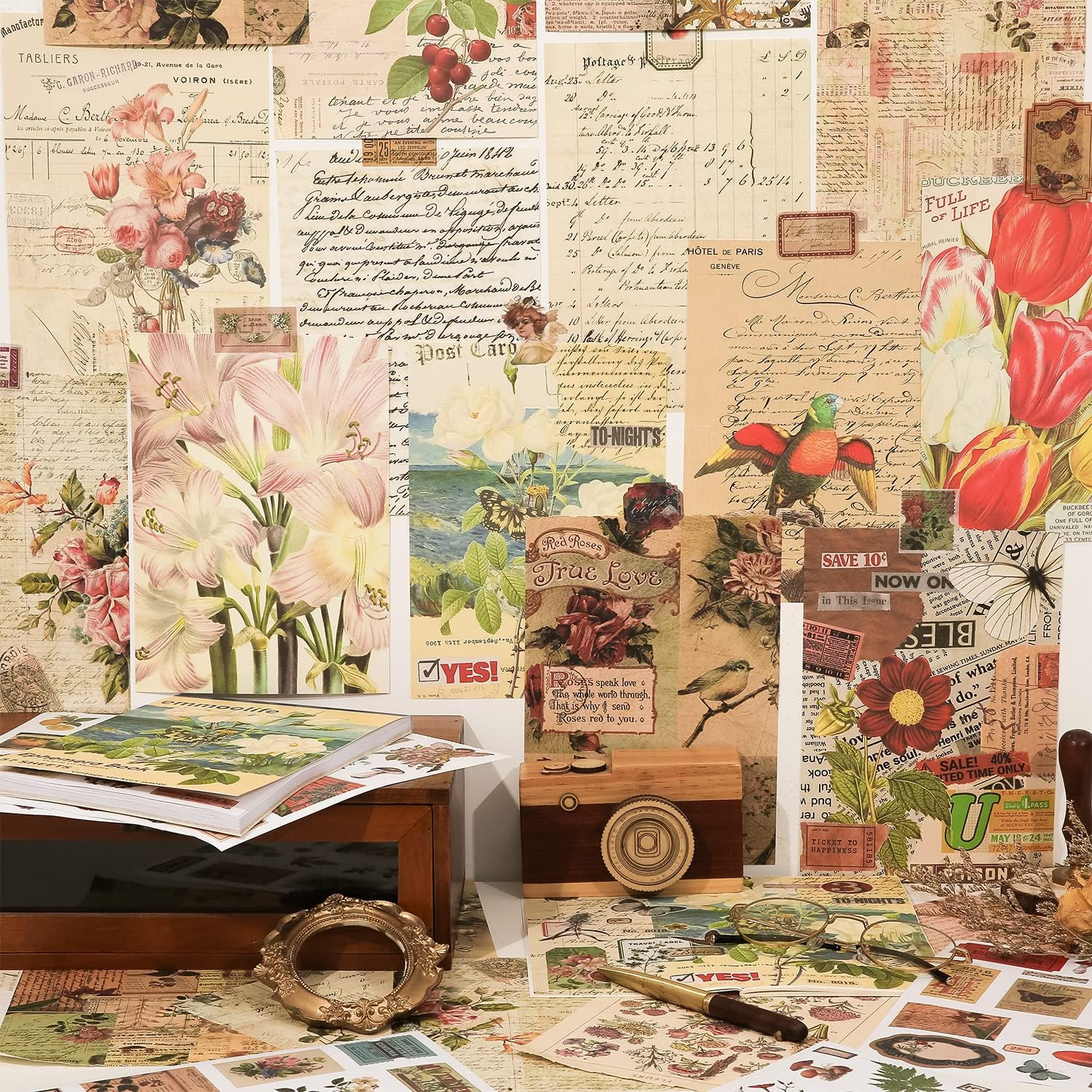 537Pcs Vintage Washi Stickers and Papers for Scrapbooking, Ephemera Book for Jou