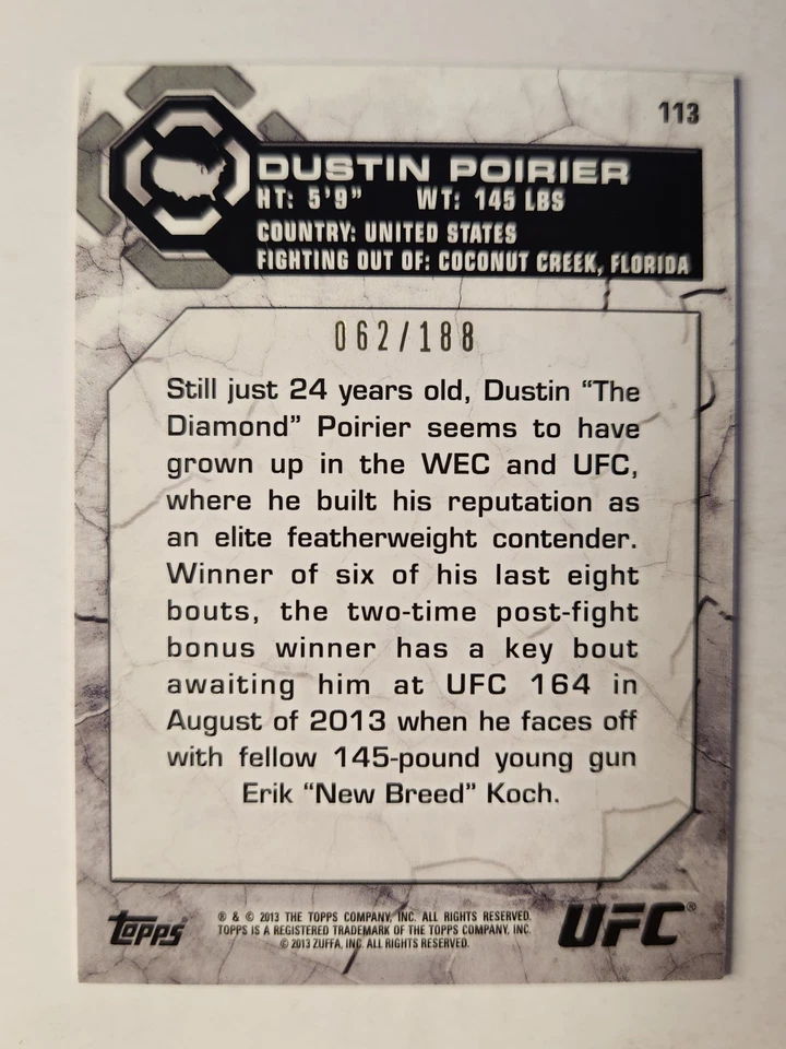 2013 Topps UFC Bloodlines FLAG PARALLEL #113 DUSTIN POIRIER /188 - Image 2 of 2