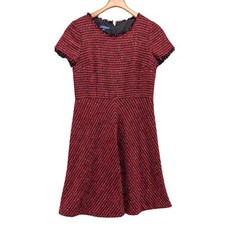 RSVP Talbots Tweed Dress Red Black Metallic Short Sleeve Fringe Trim Flare Sz 8P