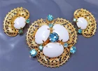 Vintage Juliana Milk Glass Blue Rhinestone Gold tone Brooch Clip Earrings Set