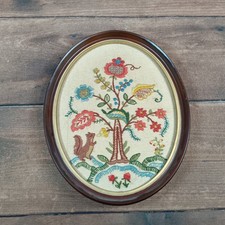 Vintage Crewel Embroidery Tree of Life Squirrel Folk Art Oval Framed 15x12