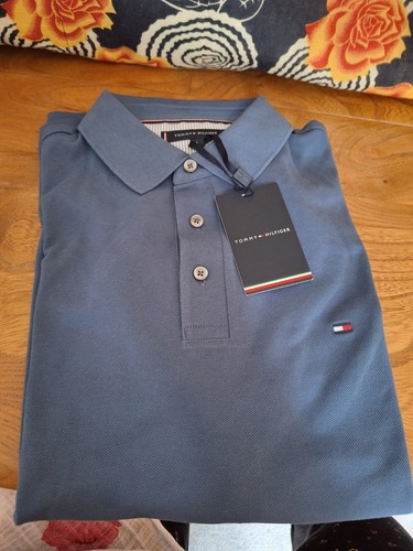 TOMMY HILFIGER Mens Slim Fit Polo Shirt large blue Cotton - Picture 2 of 3